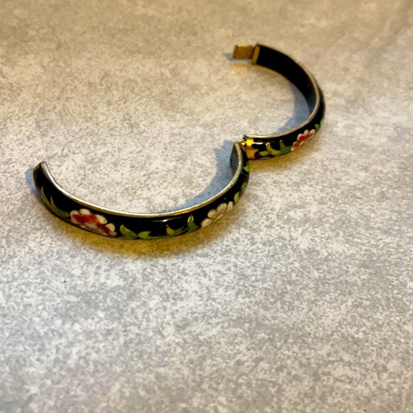 Vintage Cloisonné Brass Tone Slide Claps Hinged Oval Bracelet - Picture 8 of 9